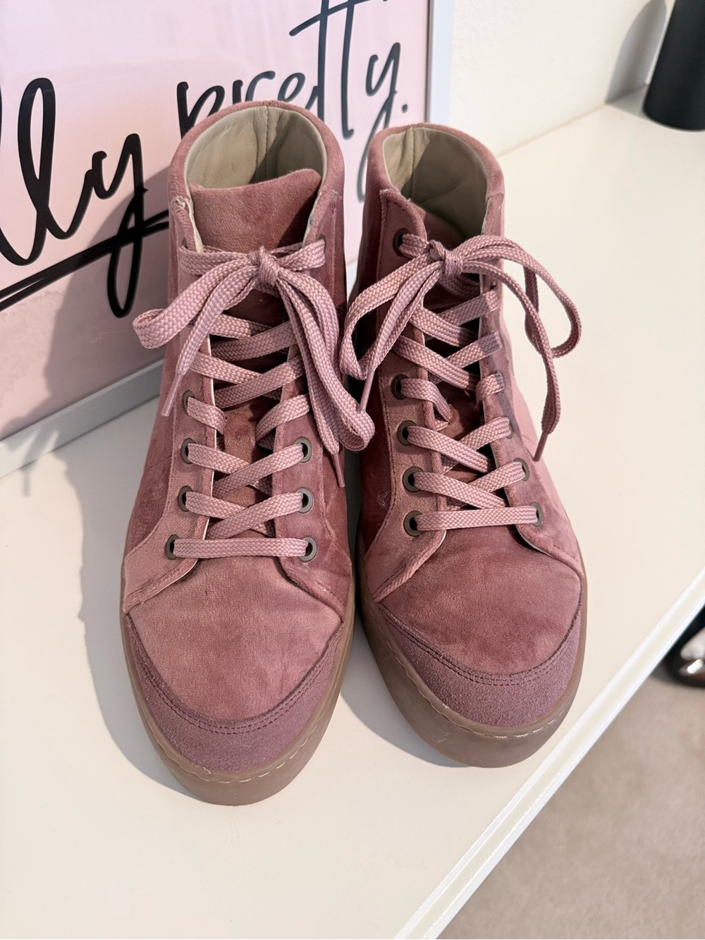 Boden Pink Velvet High-Top Sneakers